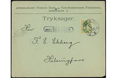 5 øre Våben på tryksag fra København annulleret med svensk bureaustempel PKXP. No. 2 A. INR. U. d. 21.3.1901 og sidestemplet Från Danmark til Helsingfors, Finland.
