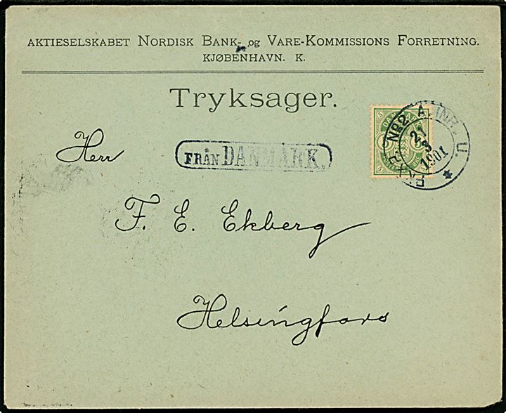 5 øre Våben på tryksag fra København annulleret med svensk bureaustempel PKXP. No. 2 A. INR. U. d. 21.3.1901 og sidestemplet Från Danmark til Helsingfors, Finland.