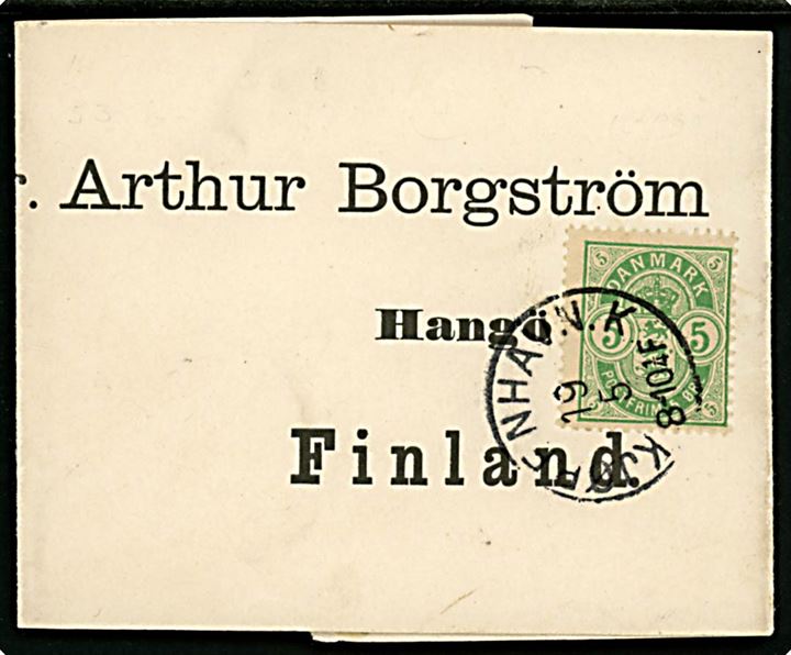 5 øre Våben single på korsbånd sendt som tryksag med lapidar Kjøbenhavn K d. 19.5.189x til Hangö, Finland.