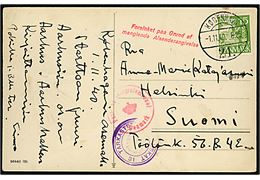 15 øre Karavel på brevkort fra København 21 d. 1.11.1940 til Helsinki, Finland. Dansk og finsk censur og rødt stempel: Forsinket paa Grund af manglende Afsenderangivelse.