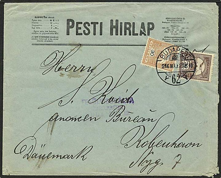 50 heller på brev fra Budapest, Ungarn, d. 23.5.1916 til København. Ungarnsk censur.