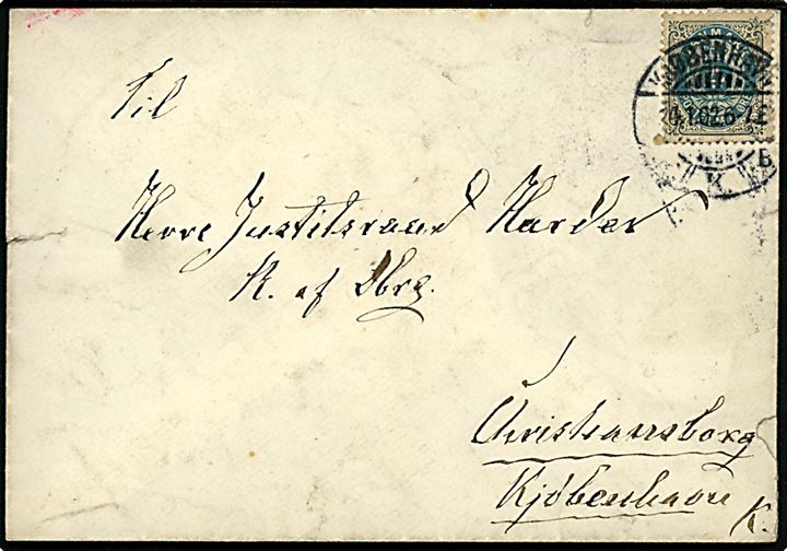 4 øre Tofarvet på fortrykt kuvert med monogram fra Prins Hans af Glücksburg sendt lokalt i Kjøbenhavn d. 4.1.1902 til Justitsraad Harder, Ridder af Dannebrog, Christiansborg.