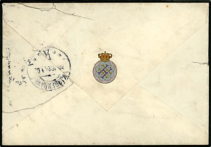 4 øre Tofarvet på fortrykt kuvert med monogram fra Prins Hans af Glücksburg sendt lokalt i Kjøbenhavn d. 4.1.1902 til Justitsraad Harder, Ridder af Dannebrog, Christiansborg.