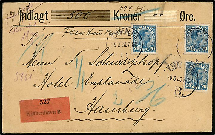 20 øre (3) Chr. X på værdibrev fra Kjøbenhavn d. 29.6.1920 til Hamburg, Tyskland. Et mærke flyttet for at kunne overholde reglen om minimum et ½ mærkes mellemrum mellem frimærker, laksegl mgl.