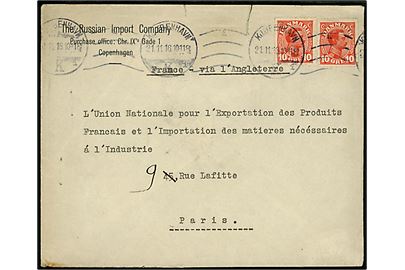 10 øre Chr. X (2) på fortrykt kuvert fra The Russian Import Company i Kjøbenhavn d. 21.11.1916 til Paris, Frankrig. Påskrevet via l'Angleterre. På bagsiden lukkemærket The Russian Import Company og mindre skade. 