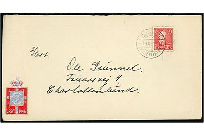 20 øre Chr. X på brev fra Kerteminde annulleret med bureaustempel Odense - Martofte T.413 d. 1.9.1945 til Charlottenlund.