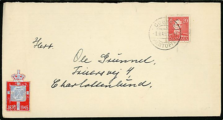 20 øre Chr. X på brev fra Kerteminde annulleret med bureaustempel Odense - Martofte T.413 d. 1.9.1945 til Charlottenlund.