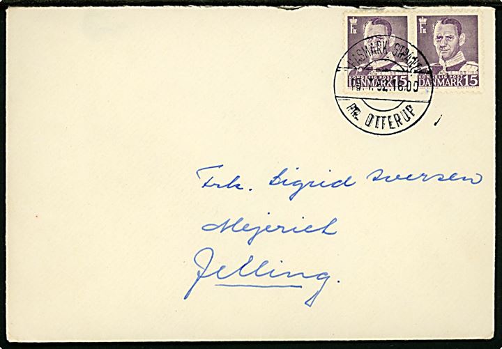 15 øre Fr. IX i parstykke på brev fra Drengekolonien Hasmark annulleret med pr.-stempel Hasmark Strand pr. Otterup d. 19.7.1952 til Jelling.