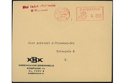 4 øre posthusfrako på lokal tryksag i København d. 1.7.1930. Stemplet Skal ikke eftersendes til Provinsen.