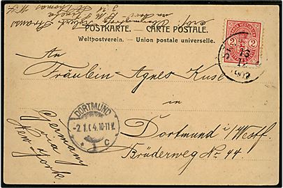2 cents Våben (kort hj.tak) på brevkort (Nytårskort fra det tyske orlogsskib SMS Vineta) fra matros ombord på Vineta i St. Thomas d. 13.12.1903 til Dortmund, Tyskland.