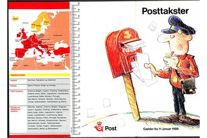 Posttakster gældende fra 11. januar 1988. Folder i A4 format. Lommetabel afrevet.
