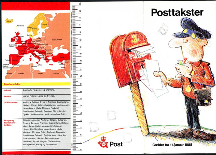 Posttakster gældende fra 11. januar 1988. Folder i A4 format. Lommetabel afrevet.