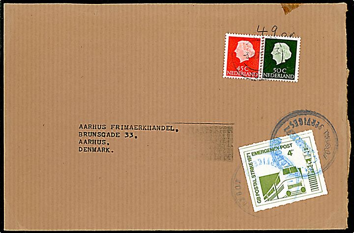 4d GB Postal Strike 1971 Emergency Post annulleret d. 2.3.1971 og hollandsk 45 c. og 50 c. stemplet Amsterdam d. 3.3.1971 til Aarhus.