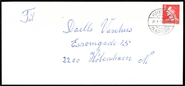 60 øre Fr. IX på brev annulleret med pr.-stempel Klokkerholm pr. Hjallese d. 26.4.1972 til København.