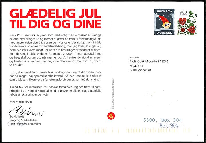 Julehilsen fra Post Danmark Frimærker med Julemærket 2014 til Middelfart.