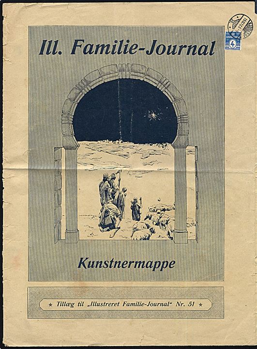 4 øre Bølgelinie annulleret brotype Ia Kjøbenhavn *B.* d. 15.12.1912 som frankering på Kunstnermappe udsendt som tillæg til Illustreret Familie-Journal Nr. 51. 