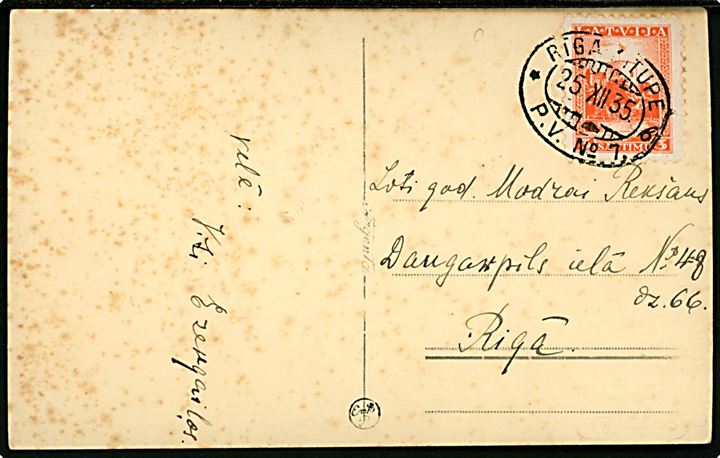 3 s. på julekort annulleret med bureaustempel Riga - Ritupe P.V.No. 7 b d. 25.12.1935 til Riga.