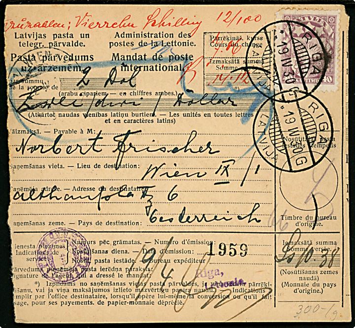 40 s. Våben single på internationalt adressekort for pakke fra Riga d. 19.4.1930 til Wien, Østrig.
