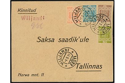 5 kop., 15 kop. 35 kop. og 70 kop. utakket på anbefalet brev fra Wiljandi Eesti d. 4.5.1919 til Tallinn.