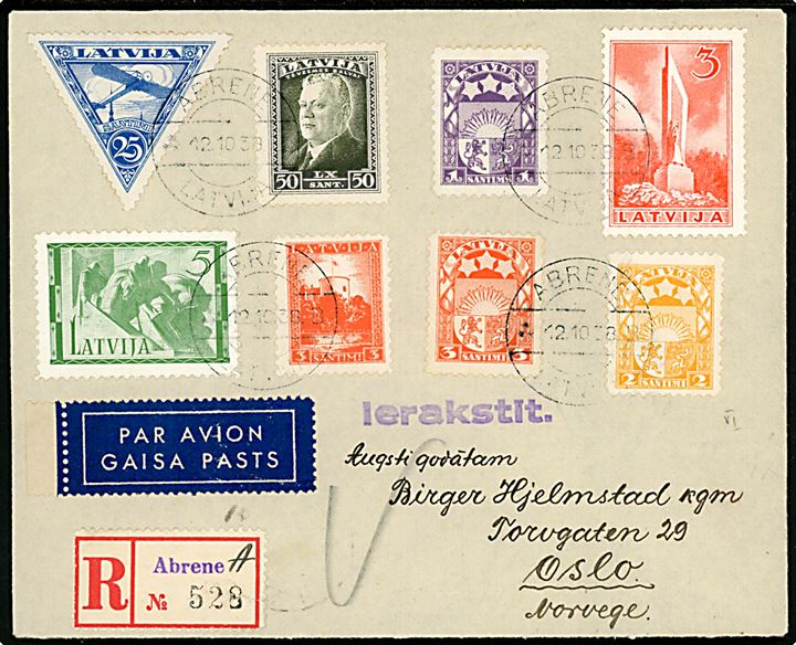 Blandingsfrankeret anbefalet luftpostbrev fra Abrene d. 12.10.1938 til oslo, Norge. På bagsiden ank.stemplet med maskinstempel NORGE R / Oslo d. 14.10.1938.
