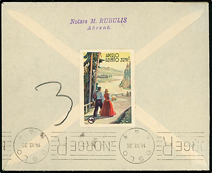 Blandingsfrankeret anbefalet luftpostbrev fra Abrene d. 12.10.1938 til Oslo, Norge. På bagsiden ank.stemplet med maskinstempel NORGE R / Oslo d. 14.10.1938.