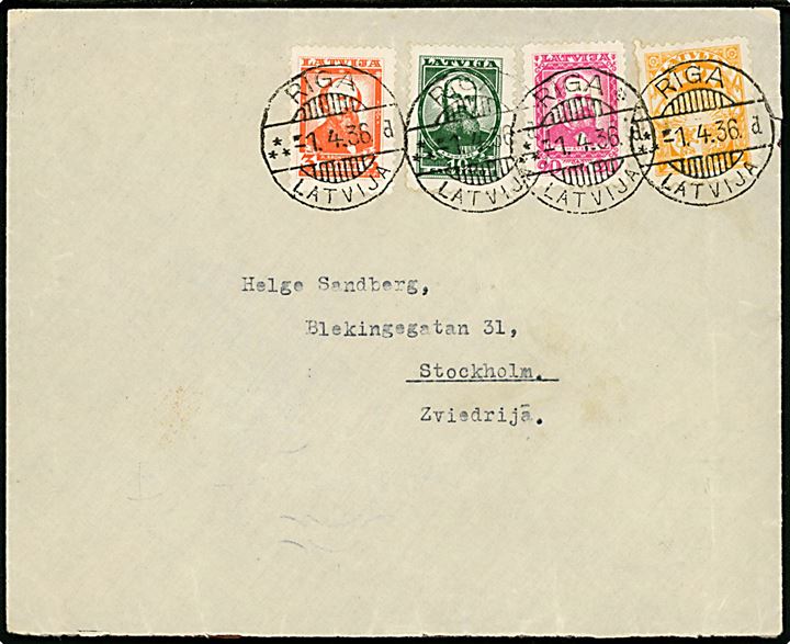 2 s. Våben og 3 s., 10 s. og 20 s. Forfattere på brev fra Riga d. 1.4.1936 til Stockholm, Sverige.