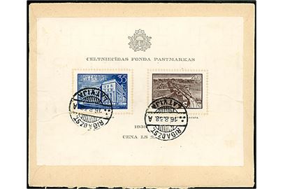 35 s. og 40 s. Byggefond Miniark på bagsiden af brev fra Riga d. 16.8.1938 til Stockholm, Sverige.