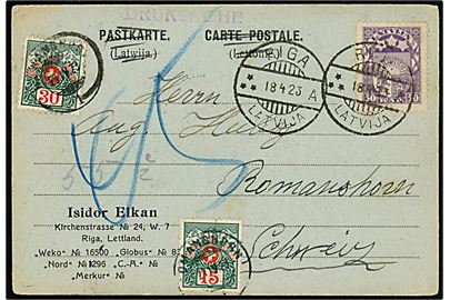 50 kap. Våben single på underfrankeret tryksagskort fra Riga d. 18.4.1923 til Romanshorn, Schweiz. Udtakseret i porto med 15 c. og 30 c. Portomærker.