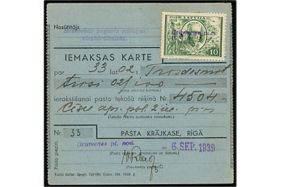 10 s. Republik 20 år (2) på indbetalingskort annulleret med liniestempel Druvienas p. n. d. 6.9.1939.