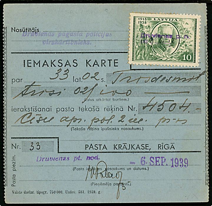 10 s. Republik 20 år (2) på indbetalingskort annulleret med liniestempel Druvienas p. n. d. 6.9.1939.