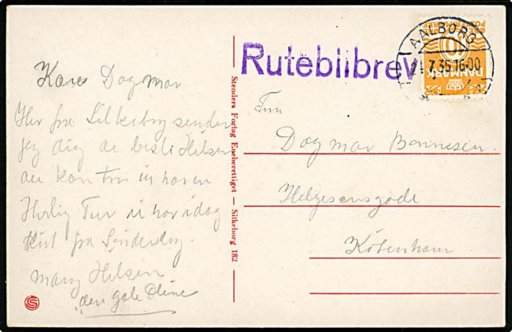 10 øre Bølgelinie på brevkort fra Silkeborg annulleret Aalborg d. 24.7.1935 og sidestemplet Rutebilbrev til København.