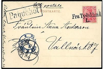 10 pfg. Germania Reichpost på brevkort (Lübeck, Burgtor von innen gesehen) annulelret med skibsstemepel Fra Tydskland L., sidestemplet Kjøbenhavn K. d. 2.9.1901 og Paquebot til Vallnäs, Sverige.