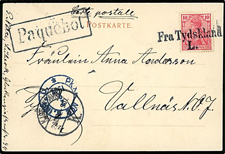 10 pfg. Germania Reichpost på brevkort (Lübeck, Burgtor von innen gesehen) annulleret med skibsstempel Fra Tydskland L., sidestemplet Kjøbenhavn K. d. 2.9.1901 og Paquebot til Vallnäs, Sverige.