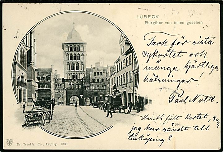 10 pfg. Germania Reichpost på brevkort (Lübeck, Burgtor von innen gesehen) annulleret med skibsstempel Fra Tydskland L., sidestemplet Kjøbenhavn K. d. 2.9.1901 og Paquebot til Vallnäs, Sverige.