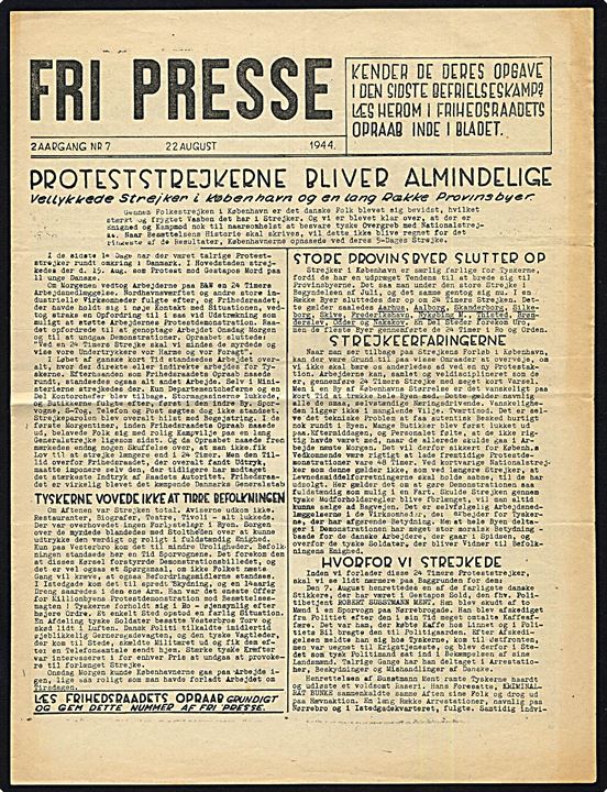  Fri Presse, 2. Årgang nr. 7 - d. 22.8.1944. 4 sider illegalt blad.