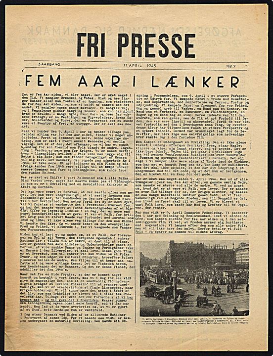  Fri Presse, 3. Årgang nr. 7 - d. 11.4.1945. 4 sider illegalt blad.