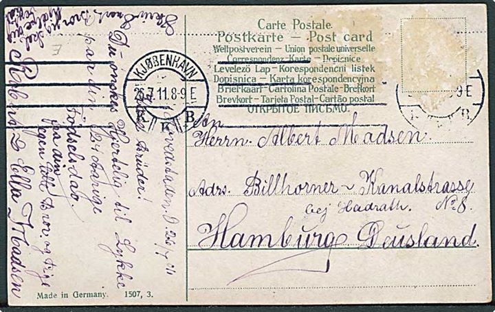 De Unges Idræt 5 øre Feriekoloni mærkat (3) på billedside af brevkort fra Kjøbenhavn d. 26.7.1911 til Hamburg. Frimærke fjernet.