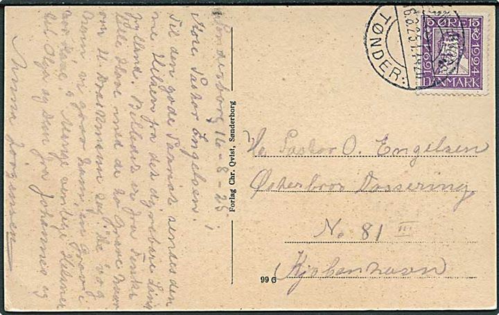 15 øre Chr. IX Postjubilæum på brevkort fra Sønderborg (Krigergraven i Bøffelkobbel) annulleret med bureaustempel Sønderborg - Tønder .. T.1420 d. 16.8.1916 til København.