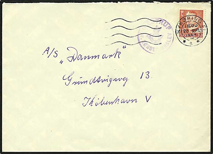 30 øre rød Fr. IX på brev fra Idestrup d. 25.9.1951 til København. Idestrup pr. Sønder-Ørslev posthornsstempel.