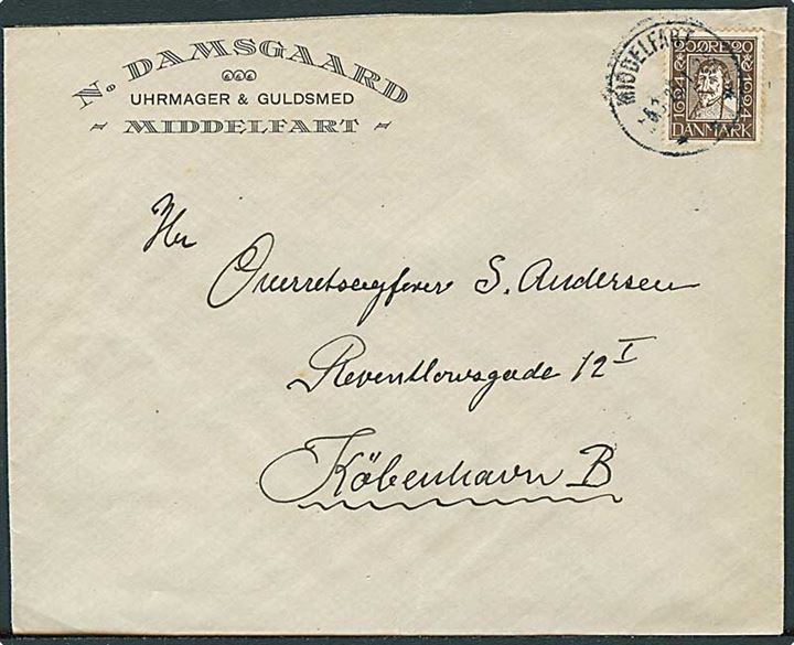 20 øre Chr. IV Postjubilæum på brev fra Middelfart d. 5.3.1925 til København.