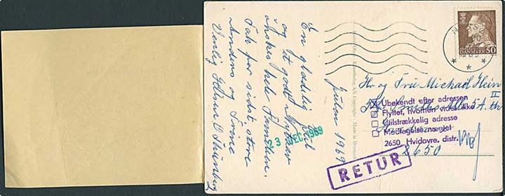 50 øre Fr. IX på brevkort fra Neksø d. 20.12.1969 til Hvidovre. Retur som ubekendt og etiket fra Returpostkontoret.