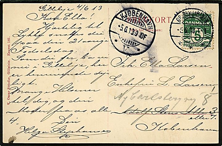 5 øre Bølgelinie på brevkort (Gilleleje havne) annulleret med bureaustempel Gribskovbanen T.1 d. 5.6.1913 til København - eftersendt lokalt. 