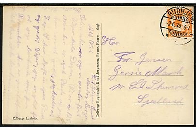 10 øre H. C. Andersen på brevkort (Luftfoto af Hammershus, Colberg no. 6045) annulleret med brotype Ic Gudhjem d. 2.6.1936 til Lille Skensved.