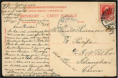 10 øre Fr. VIII på brevkort (Købh., Garnisionssygehuset) fra Kjøbenhavn d. 16.5.1908 påskrevet via Sibiria til sømand ombord på S/S Pacific c/o G.N.Tel.Co. (= Store Nordisk Telegraf Selskab i Shanghai, Kina. Ank.stemplet ved det tyske postkontor i Shanghai d. 7.6.1908.