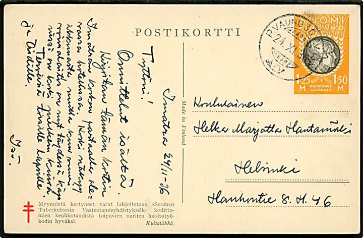 1,25 mk.+1,50 mk. Kalevala illustreret helsagsbrevkort fra Imatra annulleret med bureaustempel P.Vaunu 30 d. 24.11.1936 til Helsinki.