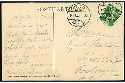 5 c. Tell Knabe på brevkort fra St. Gallen annulleret med bureaustempel Ambulante No. 25 d. 24.8.1909 - 36 til Zürich.