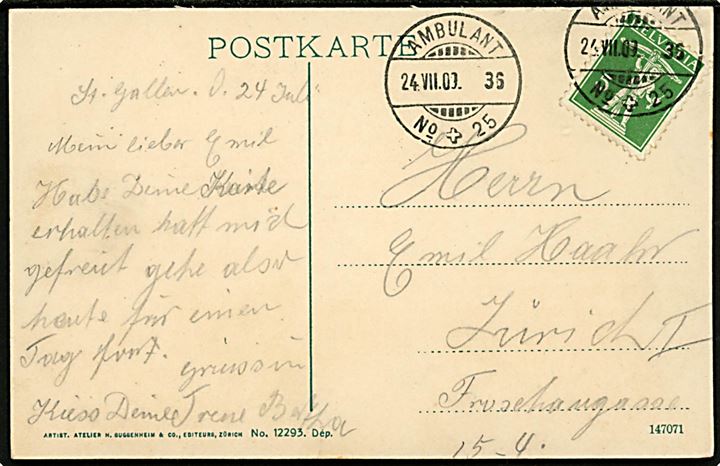5 c. Tell Knabe på brevkort fra St. Gallen annulleret med bureaustempel Ambulante No. 25 d. 24.8.1909 - 36 til Zürich.