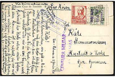 30 cts. Isabel og 1,25 Pts./10 cts. Canarias Luftpost provisorium på brevkort sendt som luftpost fra Las Palmas  d. 12.,2.1938 til Tyskland. Lokal spansk censur fra Las Palmas.