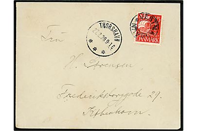 15 øre Karavel på brev annulleret med udslebet stjernestempel VESTMANHAVN og sidestemplet brotype IIIb Thorshavn d. 27.2.1930 til København.