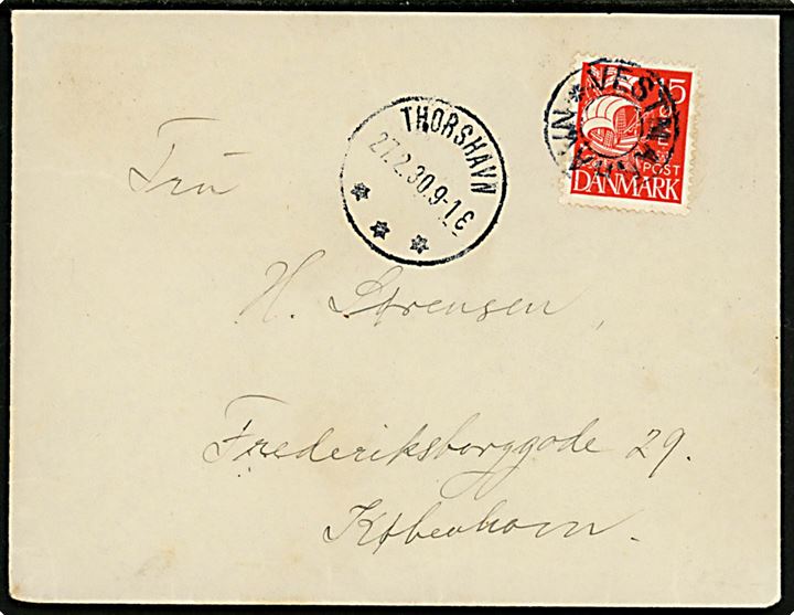 15 øre Karavel på brev annulleret med udslebet stjernestempel VESTMANHAVN og sidestemplet brotype IIIb Thorshavn d. 27.2.1930 til København.